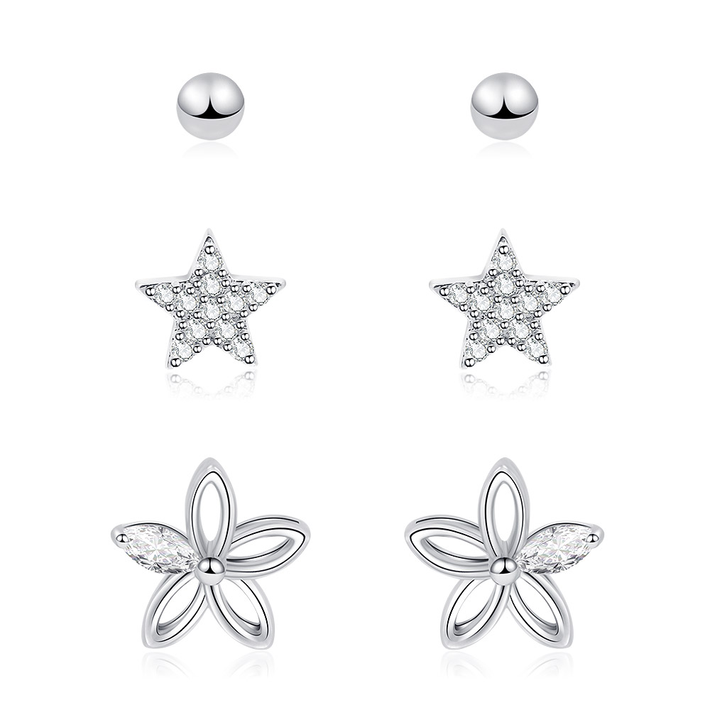 3 Pair Ball Bead CZ Star Flower Tiny Cartilage Earrings